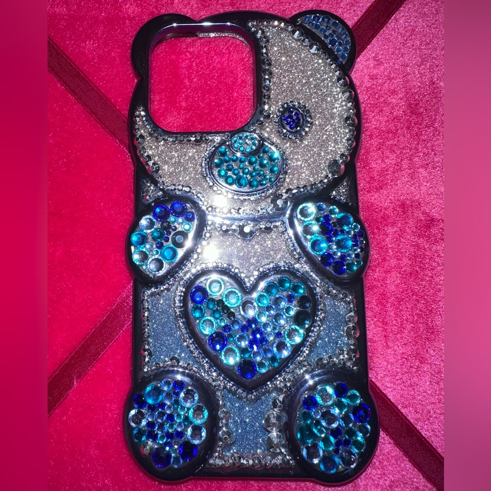 iPhone 14 Pro Max blue bedazzled bear case